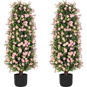 Sunnyglade 37" 2 Packs Orange Artificial Plum Blossom Tree, Fake Floral Plant Tree in Pot, Faux Potted Decorative Topiary Plant, Cement Filled Flower Trees for Modern Home Office Indoor Outdoor