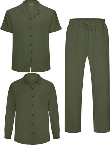 Men's Linen Sets Outfits: 3 Piece Beach Button Down Shirts Casual Loose Pants Short Sleeve Walking Suits in Kuwait