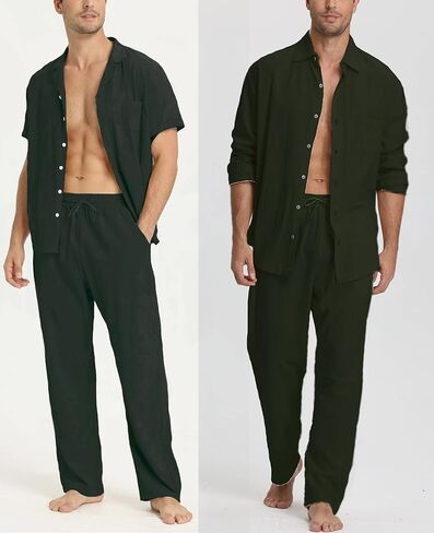 Men's Linen Sets Outfits: 3 Piece Beach Button Down Shirts Casual Loose Pants Short Sleeve Walking Suits in Kuwait