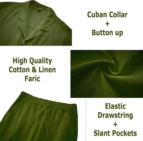 Men's Linen Sets Outfits: 3 Piece Beach Button Down Shirts Casual Loose Pants Short Sleeve Walking Suits in Kuwait