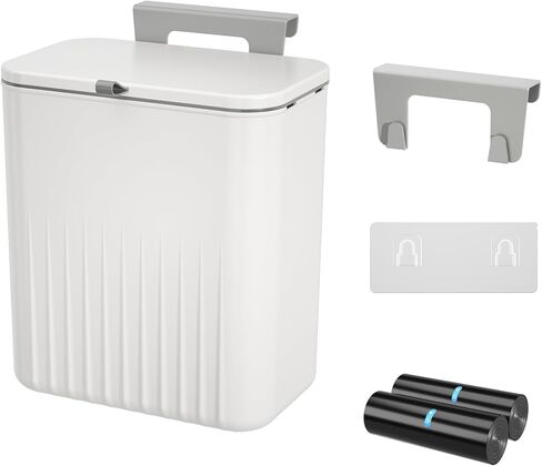 Hanging Trash Can with Lid 2.4 Gallon Kitchen Compost Bin for Counter Top or Under Sink Small Plastic Waste Basket Wall Mounted Garbage Can for Bathroom, Office, Bedroom, Cupboard (1, White) in Saudi Arabia