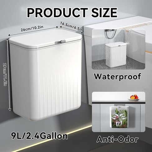 Hanging Trash Can with Lid 2.4 Gallon Kitchen Compost Bin for Counter Top or Under Sink Small Plastic Waste Basket Wall Mounted Garbage Can for Bathroom, Office, Bedroom, Cupboard (1, White) in Saudi Arabia