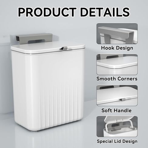Hanging Trash Can with Lid 2.4 Gallon Kitchen Compost Bin for Counter Top or Under Sink Small Plastic Waste Basket Wall Mounted Garbage Can for Bathroom, Office, Bedroom, Cupboard (1, White) in Saudi Arabia