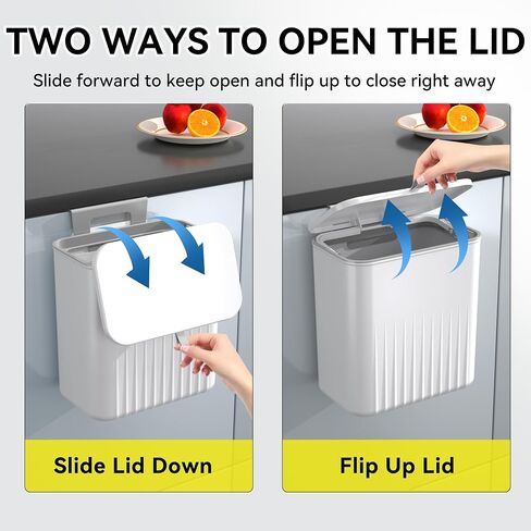 Hanging Trash Can with Lid 2.4 Gallon Kitchen Compost Bin for Counter Top or Under Sink Small Plastic Waste Basket Wall Mounted Garbage Can for Bathroom, Office, Bedroom, Cupboard (1, White) in Saudi Arabia