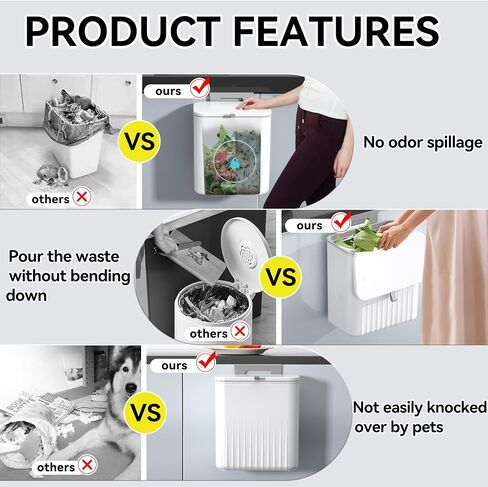 Hanging Trash Can with Lid 2.4 Gallon Kitchen Compost Bin for Counter Top or Under Sink Small Plastic Waste Basket Wall Mounted Garbage Can for Bathroom, Office, Bedroom, Cupboard (1, White) in Saudi Arabia