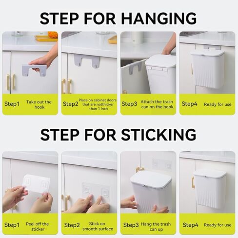 Hanging Trash Can with Lid 2.4 Gallon Kitchen Compost Bin for Counter Top or Under Sink Small Plastic Waste Basket Wall Mounted Garbage Can for Bathroom, Office, Bedroom, Cupboard (1, White) in Saudi Arabia