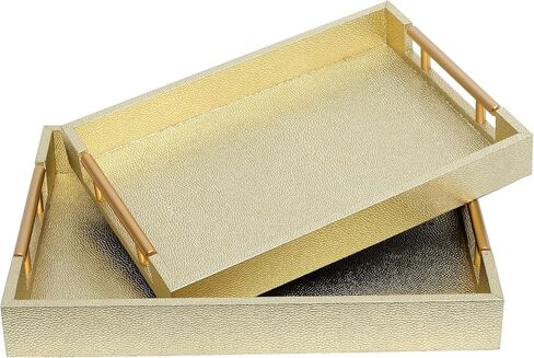 Set of 2 White Fake Marble Serving Tray with Gold Polished Metal Handles White Decorative Wood Tray PU Leather with Brushed Gold for Coffee Table Ottoman Console Table Decor in Saudi Arabia