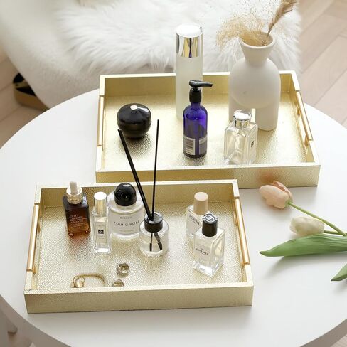 Set of 2 White Fake Marble Serving Tray with Gold Polished Metal Handles White Decorative Wood Tray PU Leather with Brushed Gold for Coffee Table Ottoman Console Table Decor in Saudi Arabia
