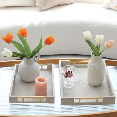 مجموعة من 2 صينية تقديم من الرخام الأبيض المزيف مع مقابض معدنية مصقولة بالذهب، صينية خشبية بيضاء مزخرفة من جلد البولي يوريثان مع ذهبي مصقول لطاولة القهوة وديكور طاولة وحدة التحكم العثمانية in Kuwait