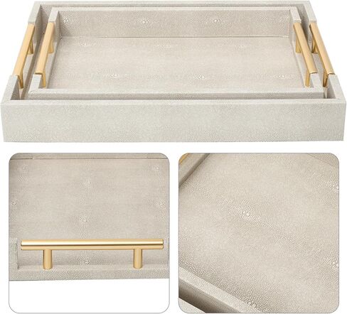 مجموعة من 2 صينية تقديم من الرخام الأبيض المزيف مع مقابض معدنية مصقولة بالذهب، صينية خشبية بيضاء مزخرفة من جلد البولي يوريثان مع ذهبي مصقول لطاولة القهوة وديكور طاولة وحدة التحكم العثمانية in Kuwait