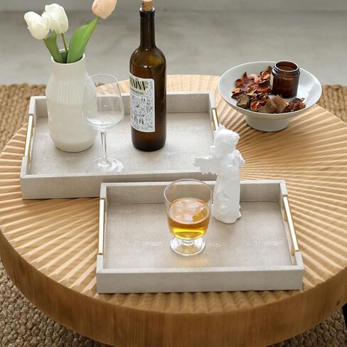 مجموعة من 2 صينية تقديم من الرخام الأبيض المزيف مع مقابض معدنية مصقولة بالذهب، صينية خشبية بيضاء مزخرفة من جلد البولي يوريثان مع ذهبي مصقول لطاولة القهوة وديكور طاولة وحدة التحكم العثمانية in Kuwait