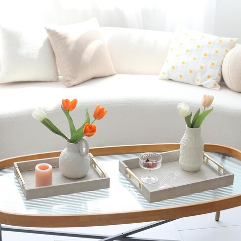 مجموعة من 2 صينية تقديم من الرخام الأبيض المزيف مع مقابض معدنية مصقولة بالذهب، صينية خشبية بيضاء مزخرفة من جلد البولي يوريثان مع ذهبي مصقول لطاولة القهوة وديكور طاولة وحدة التحكم العثمانية in Kuwait