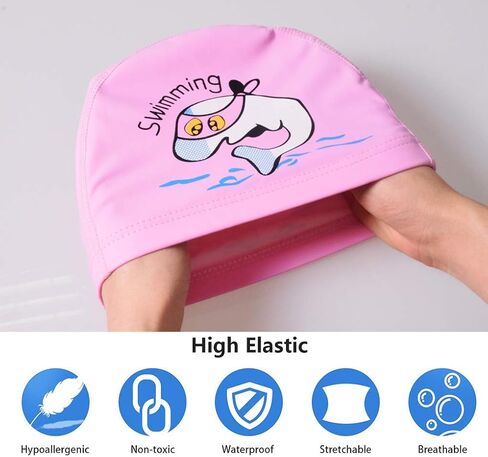 KXF Kids Swimming Cap Waterproof PU Swimming Hats Bathing Cap Ear Protection Elastic Swimming Cap for Children Kids Boys Girls Age 6-10 with Coating Cartoon Pattern in Saudi Arabia