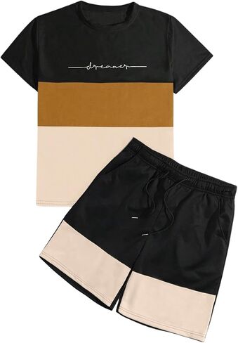 GORGLITTER Men's 2 Piece Outfits Color Block Letter Print Tee and Drawstring Waist Shorts Set in Saudi Arabia