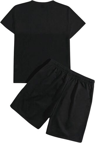 GORGLITTER Men's 2 Piece Outfits Color Block Letter Print Tee and Drawstring Waist Shorts Set in Saudi Arabia