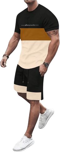GORGLITTER Men's 2 Piece Outfits Color Block Letter Print Tee and Drawstring Waist Shorts Set in Saudi Arabia