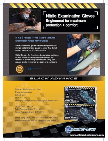 Black Advance Nitrile Examination Powder Free Gloves, Black, 6.3 mil, Heavy Duty, Medical Grade, 100/box in Saudi Arabia