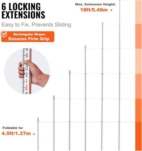 VEVOR Aluminum Grade Rod, 9-Feet/10ths 3 Sections Telescopic Measuring Rod,Double-Sided Scale 1/10ft Leveling Rod Stick,Aluminum Alloy Survey Rod with Bubble Level&Carrying Bag for Houses,Walls,Floors in Saudi Arabia