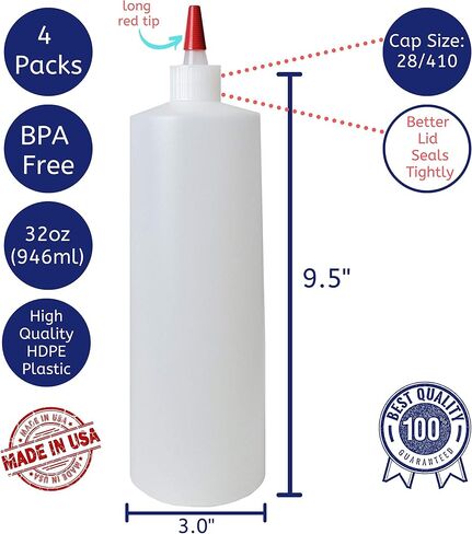 زجاجات ضغط أسطوانية بلاستيكية 32oz 28/410 HDPE مع أغطية رأس طويلة حمراء مانعة للتسرب من يوركر، للأغذية والحرف اليدوية والمنتجات السائلة DIY، زجاجات متعددة الاستخدام قابلة لإعادة الملء (عبوة من 4 قطع) in Saudi Arabia