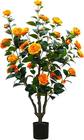 43.3"/3.6FT Flower Trees Outdoor with more 32 Blooming Flowers Orange Tree Camellia Tree Hibiscus Tree,Fake Outdoor Trees Porch Pot, Maintenance Free, Indoor Outdoor Office Home Decor, Gifts, in Saudi Arabia