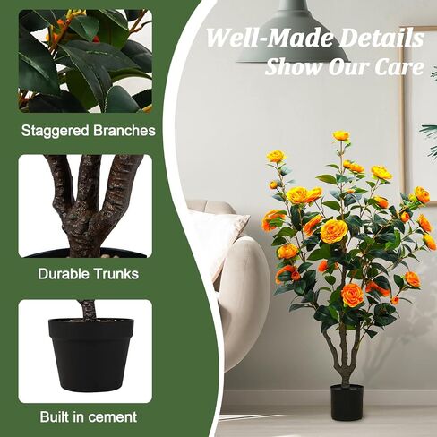 43.3"/3.6FT Flower Trees Outdoor with more 32 Blooming Flowers Orange Tree Camellia Tree Hibiscus Tree,Fake Outdoor Trees Porch Pot, Maintenance Free, Indoor Outdoor Office Home Decor, Gifts, in Saudi Arabia