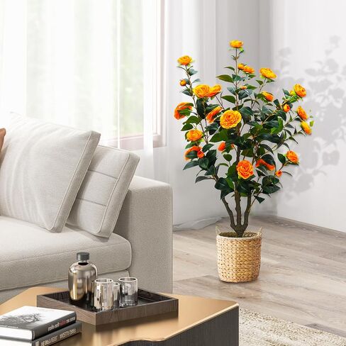 43.3"/3.6FT Flower Trees Outdoor with more 32 Blooming Flowers Orange Tree Camellia Tree Hibiscus Tree,Fake Outdoor Trees Porch Pot, Maintenance Free, Indoor Outdoor Office Home Decor, Gifts, in Saudi Arabia