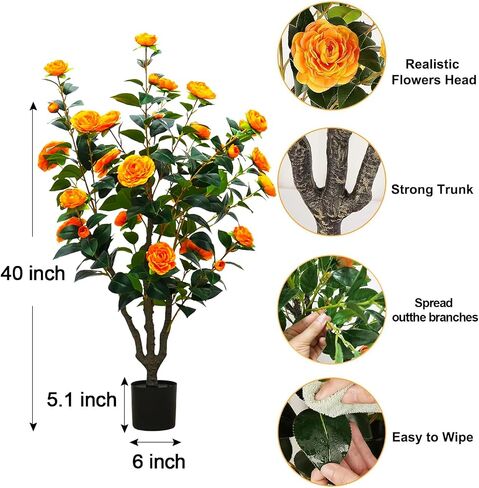 43.3"/3.6FT Flower Trees Outdoor with more 32 Blooming Flowers Orange Tree Camellia Tree Hibiscus Tree,Fake Outdoor Trees Porch Pot, Maintenance Free, Indoor Outdoor Office Home Decor, Gifts, in Saudi Arabia