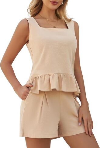 WESIDOM إمرأة 2024 الصيف 2 قطعة مجموعة الكتان تانك + شورت قطعتين ملابس العطلة ملابس رياضية غير رسمية عصرية in Kuwait