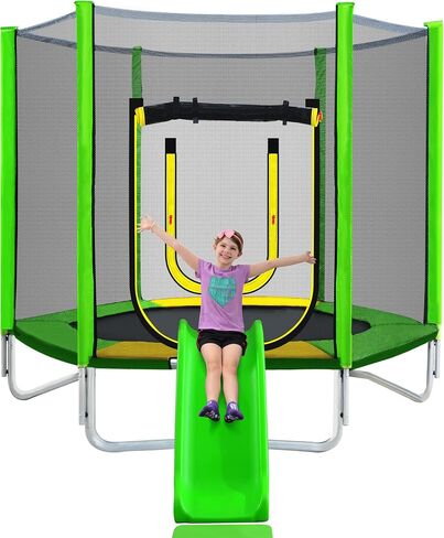 7FT Trampoline for Kids with Safety Enclosure Net Slide and Ladder, Easy Assembly Round Outdoor Recreational Trampoline for Kids and Adults Teens in Saudi Arabia