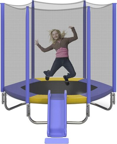 7FT Trampoline for Kids with Safety Enclosure Net Slide and Ladder, Easy Assembly Round Outdoor Recreational Trampoline for Kids and Adults Teens in Saudi Arabia