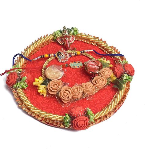 طبق مجموعة SATVIK Rakhi Puja Thali للأخ Bhaiya Bhabhi مع 2 مصمم Rakhi Thread، بطاقة تهنئة Roli Chawal & Ram Sita ملصق هندي احتفالي مجموعة أطباق Raksha Bhandhan Pujan in Saudi Arabia