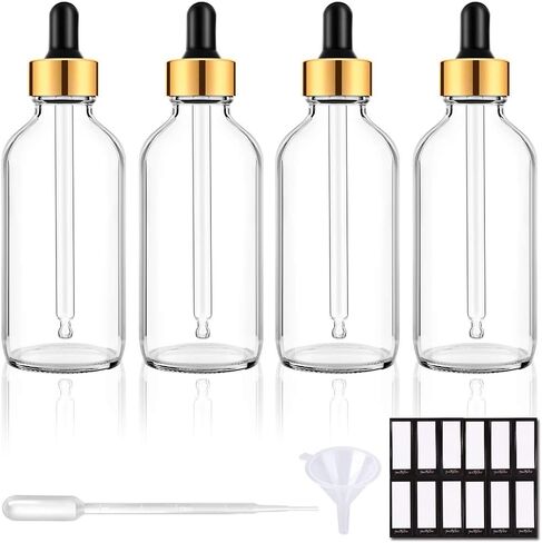 PrettyCare Eye Dropper Bottles 4 oz 4 Pack (Glass Bottles 120ml with Golden Caps, 12 Labels, Funnel & Measured Pipettes) Empty Tincture Bottles for Essential Oils (Clear) in Saudi Arabia