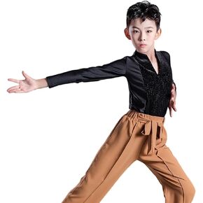 Kids Boys Toddler Spliced Latin Modern Dance Shirt Tops Slim Stretchy Salsa Tango Dancewear Long/Short Sleeve T-Shirt