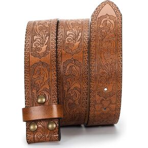 Western Cowboy PU Leather Belt - No Buckle Women Waist Strap Bull Decoration Floral Engraved 27" to 36" Waist