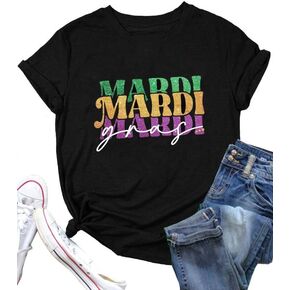 Mardi Gras Shirt for Women Carnival Party Costume Mask Fleur-de-lis Graphic Casual Short Sleeves Tee Tops