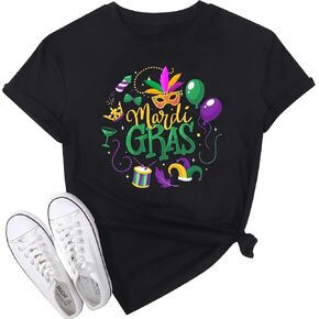 Mardi Gras Shirt for Women Carnival Party Costume Mask Fleur-de-lis Graphic Casual Short Sleeves Tee Tops