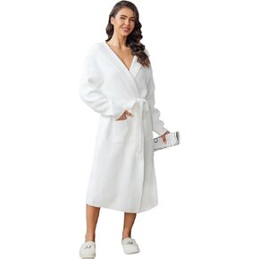 MH MYLUNE HOME Ribbed Hooded Robe with Pockets,Soft Spa Bathrobe Loungewear Calf-Length，Plush Robe for Women Fuzzy, Wrap Robe