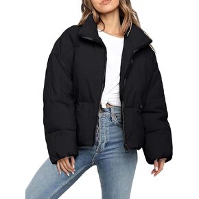 Polu Women's Winter Cropped Puffer Jacket Oversized Long Sleeve Full Zip Puffy Coat Warm Quilted Jacket with Pockets
