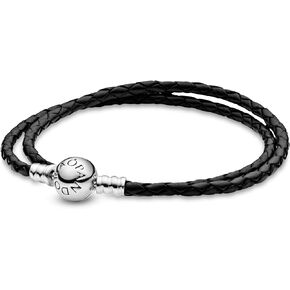 PANDORA Moments Double Woven Leather Bracelet with Sterling Silver Clasp - Compatible with PANDORA Moments Charms - Charm Bracelet for Women - Gift for Her - With Gift Box