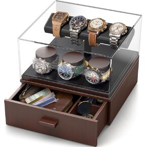 Watch Display Case - Men's Wood Watch Stand With Removable Acrylic Cover & PU Leather Padding - Velvet Lined Drawer/Organizer (Rings, Jewelry, etc) Great Boyfriend/Dad/Father's Day Gift.