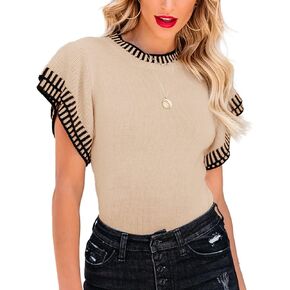 Saodimallsu Womens Short Sleeve Sweaters Tops Summer Ruffle Striped Loose Crew Neck Lightweight Soft Shirts Knit Sweater