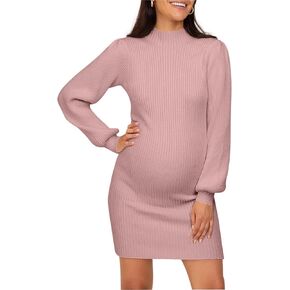 Lueluoye Maternity Sweater Dress for Pregnant Women Turtleneck Puff Sleeve Knit Slim Fit Bodycon Mini Dress