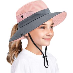 Zando Kids Bucket Hat Girls Sun Hat with Ponytail Hole UPF 50 Outdoor Hat Wide Brim Beach Summer Cap for Kids Ags 4-12