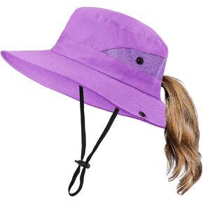 Zando Kids Bucket Hat Girls Sun Hat with Ponytail Hole UPF 50 Outdoor Hat Wide Brim Beach Summer Cap for Kids Ags 4-12