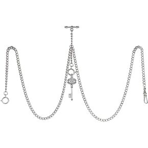 TREEWETO Men's Double Albert Chain Pocket Watch Curb Link Key Chain 3 Hooks with Antique Key Pendant Design Charm Fob T Bar