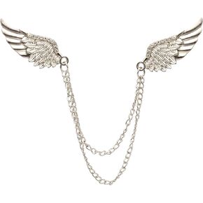 an KINGPiiN Lapel Pin for Men Stone Detailing Double Angel Wing Tassel Chain Brooch Suit Stud, Shirt Studs Men's Accessories (Silver)