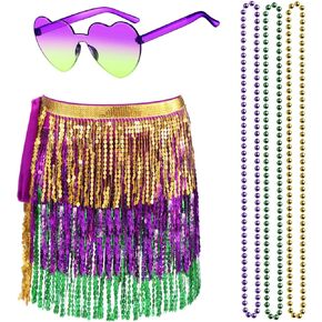 Mardi Gras Belly Dance Sequin Skirt Set Include Belly Dance Sequin Skirt Sunglasses and 3 PCS Beaded Necklaces for Women Mardi Gras Shinny Rave Party Dress Up