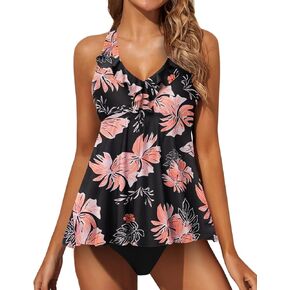 B2prity Two Piece Tankini Swimsuits for Women Tummy Control Bathing Suits Ruffle V Neck Swimwear with Shorts
