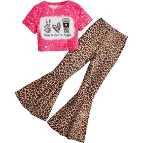 WDIRARA Girl's 2 Piece Outfit Floral Print Graphic Short Sleeve Tee Figure Graphic and Bell Bottom Flare Leg Pants Set