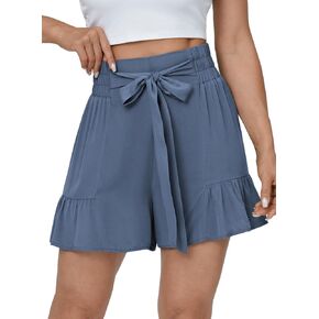 Dokotoo Womens Casual Shorts High Waisted Tie Knot Front Ruffle Hem Wide Leg Flowy Shorts for Women Trendy